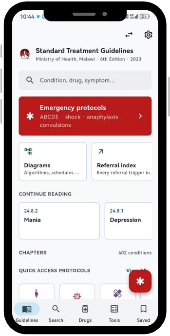 Malawi Clinical Guidelines home screen on a phone, showing search, emergency protocols, diagrams, referral index and recently read conditions